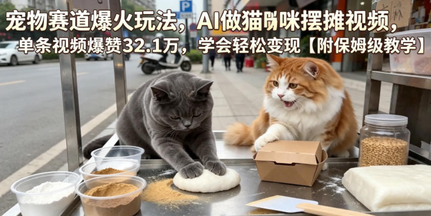 宠物赛道爆火玩法,AI做猫咪摆摊视频,单条视频爆赞32.1万,学会轻松变现【附保姆级教学】-新时光资源网