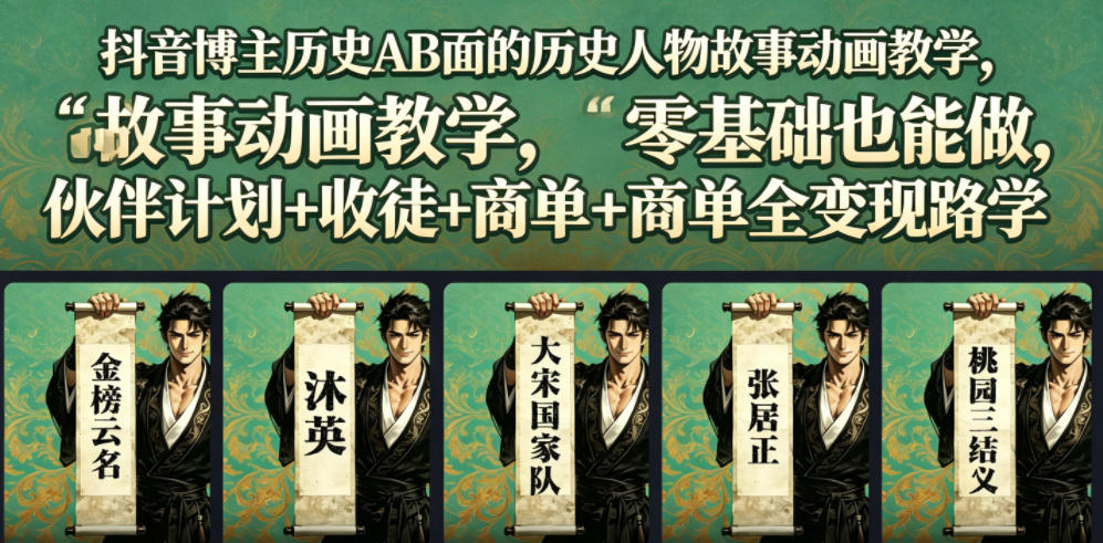 抖音博主历史AB面的历史人物故事动画教学,零基础也能做,伙伴计划+收徒+商单全变现路径教学-新时光资源网