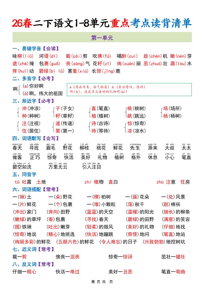 二年级下语文期末复习1-8单元重点考点读背清单-新时光资源网