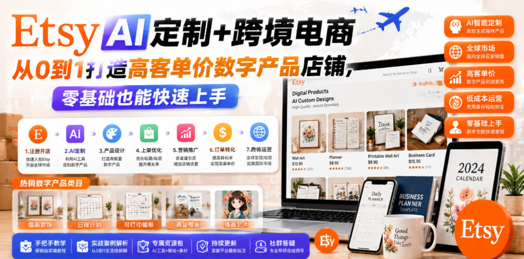 Etsy AI定制+跨境电商，从0到1打造高客单价数字产品店铺，零基础也能快速上手-我爱发帖