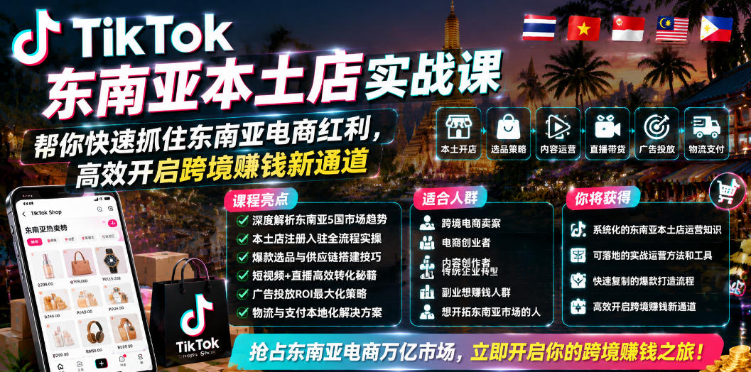 TikTok东南亚本土店实战课,帮你快速抓住东南亚电商红利,高效开启跨境賺钱新通道-吾爱自习网