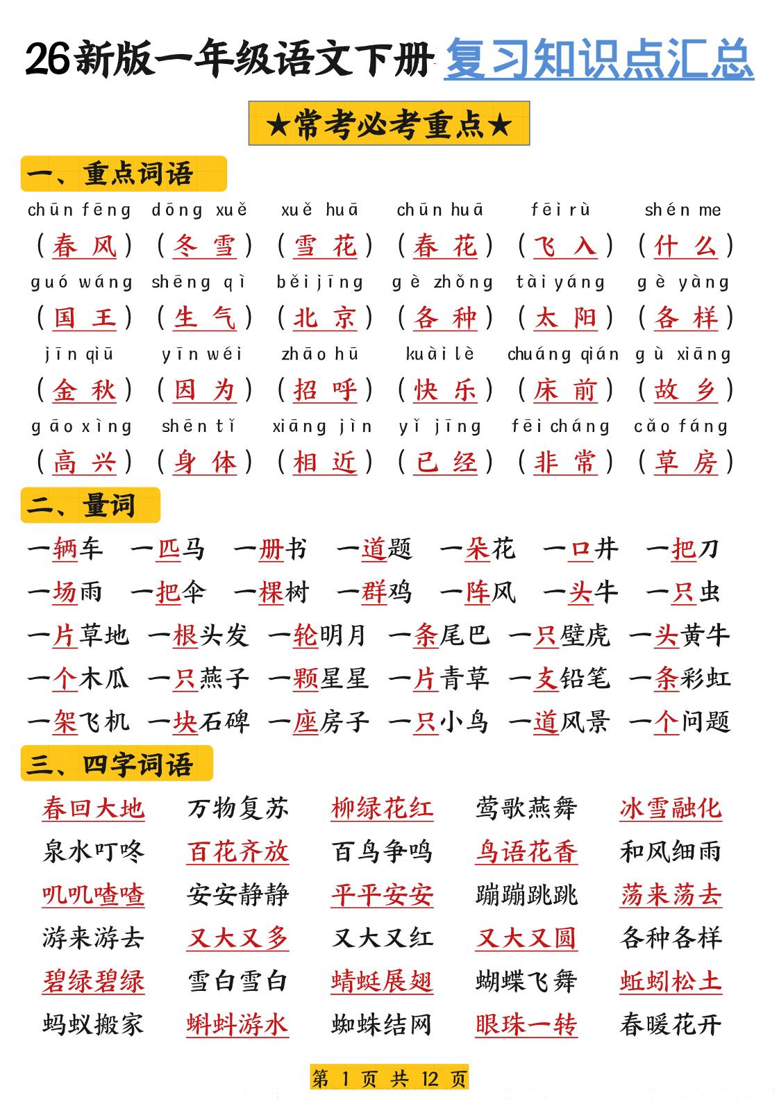 26新版一年级语文下册复习知识点汇总-吾爱自习网