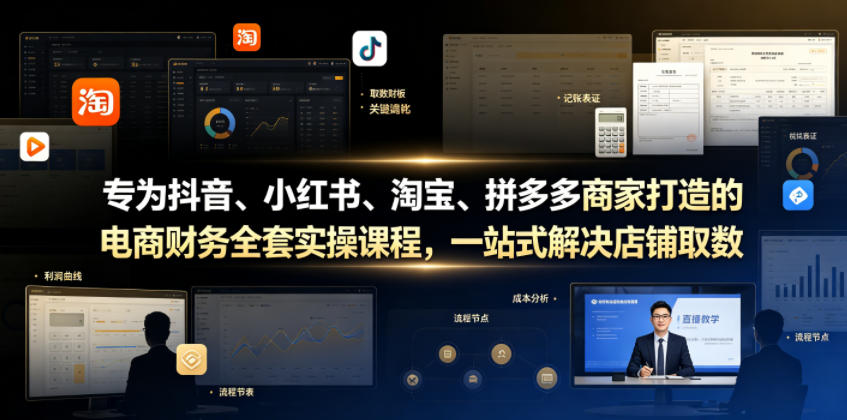 专为抖音、小红书、淘宝、拼多多商家打造的电商财务全套实操课程，一站式解决店铺取数、记账、报税全流程难题-吾爱自习网