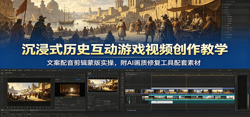 沉浸式历史互动游戏视频创作教学：文案配音剪辑蒙版实操，附AI画质修复工具配套素材-吾爱自习网
