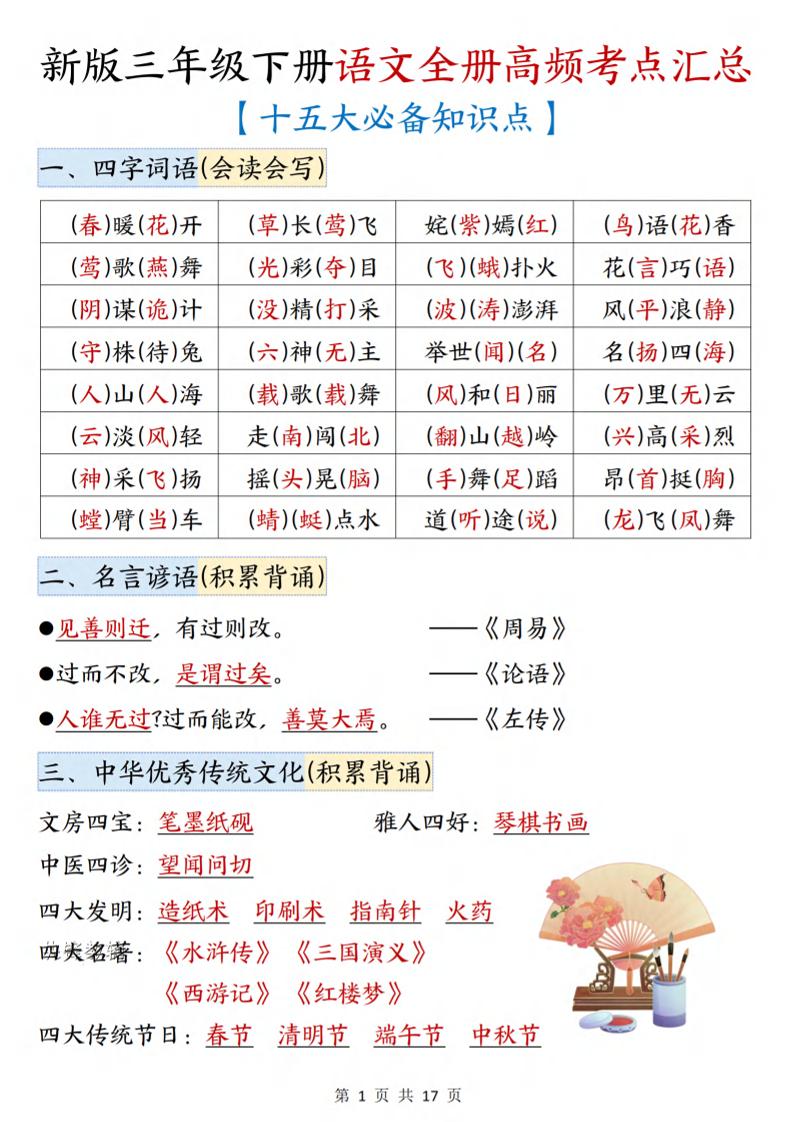 三年级下语文期末复习高频考点汇总（十五大必备知识点）-吾爱自习网