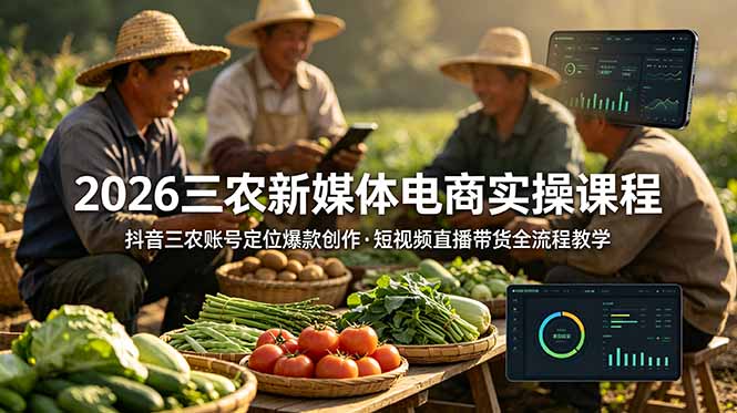 2026三农新媒体电商实操课程：抖音三农账号定位爆款创作，短视频直播带货全流程教学-吾爱自习网