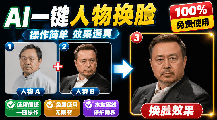 纯离线本地运行!AI一键人物lian部替换软件,支持图片换lian,效果逼真,最便捷换lian工具FaceSwap-吾爱自习网