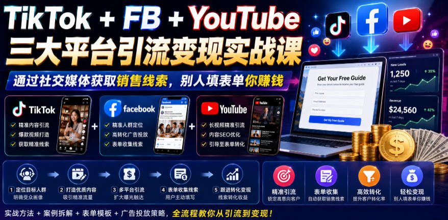 TikTok+FB+YouTube三大平台引流变现实战课,通过社交媒体获取销售线索,别人填表单你賺钱【原创双语字幕】-旺仔资源库
