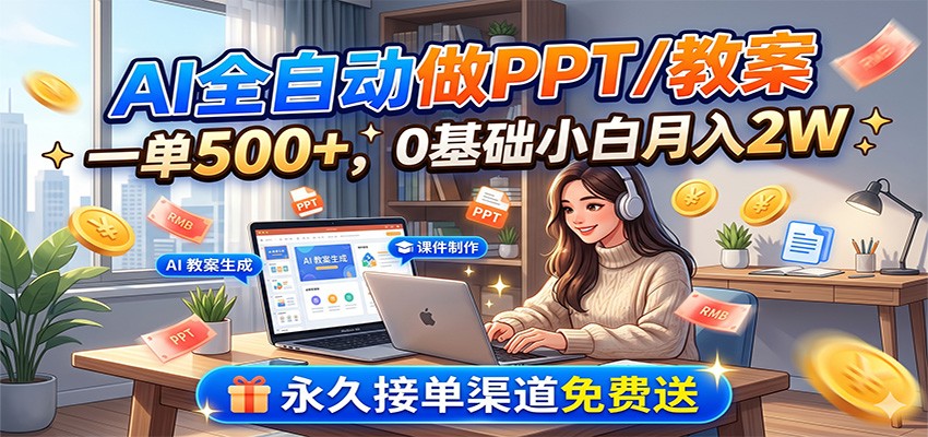 AI全自动做PPT/教案，一单500+，0基础小白月入2W，永久接单渠道免费送-吾爱自习网