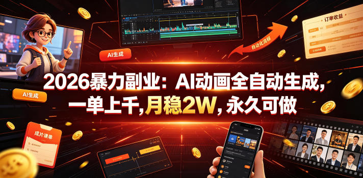 2026暴力副业：AI动画全自动生成，一单上千，月稳2W，永久可做【揭秘】-吾爱自习网
