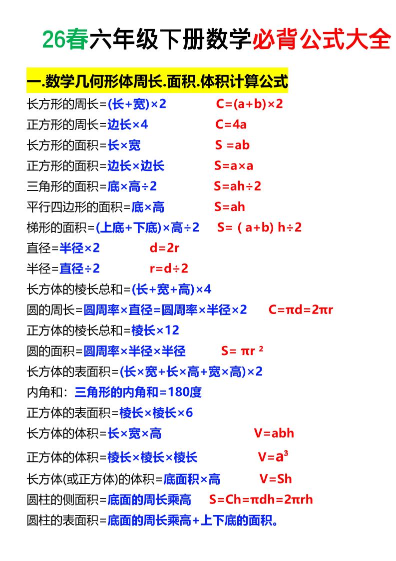 26春六年级下数学期末必背公式大全-吾爱自习网