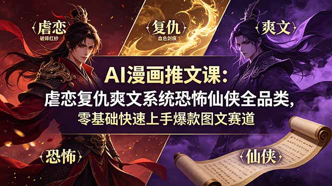 AI漫画推文课：虐恋复仇爽文系统恐怖仙侠全品类，零基础快速上手爆款图文赛道-旺仔资源库