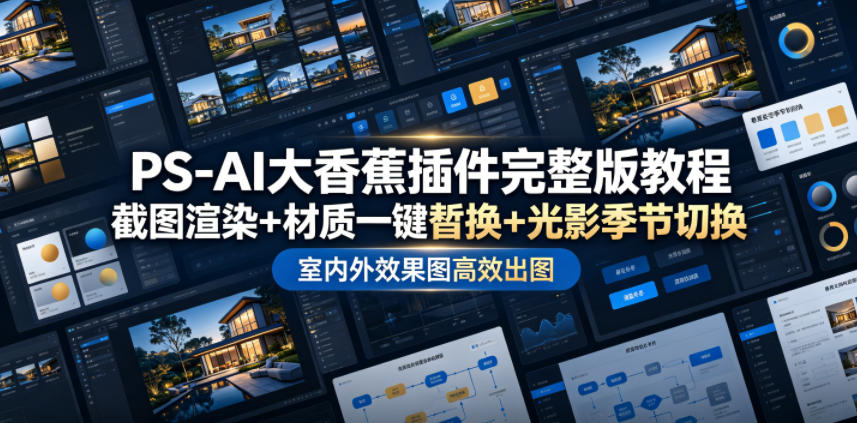 PS-AI大香蕉插件完整版教程，截图渲染+材质一键替换+光影季节切换，室内外效果图高效出图高阶课程-吾爱自习网