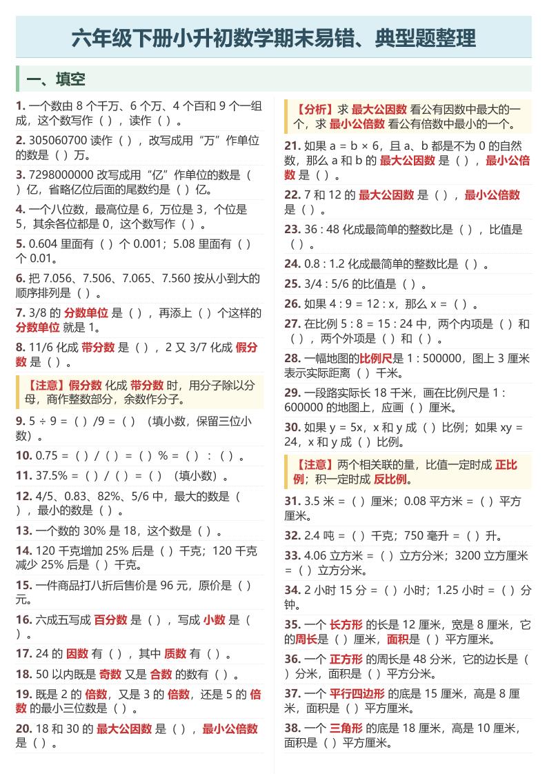 六年级下数学期末常考易错、典型题整理-吾爱自习网