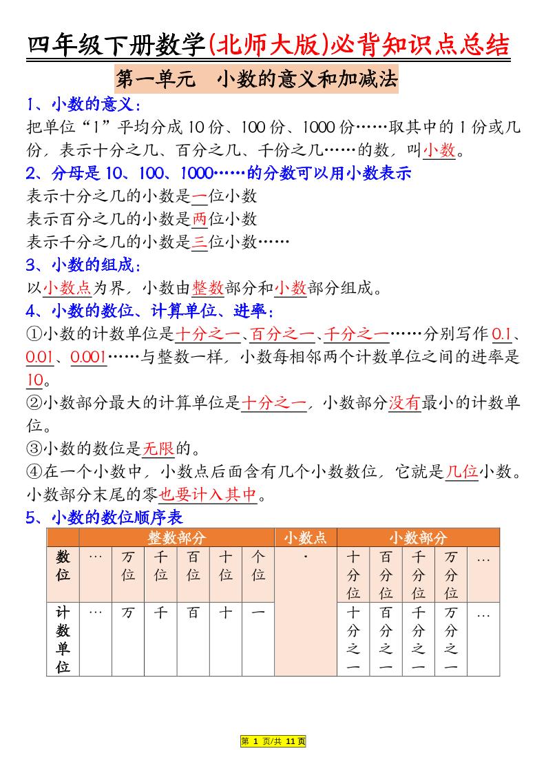 四年级下数学知识要点归纳《北师版》-吾爱自习网
