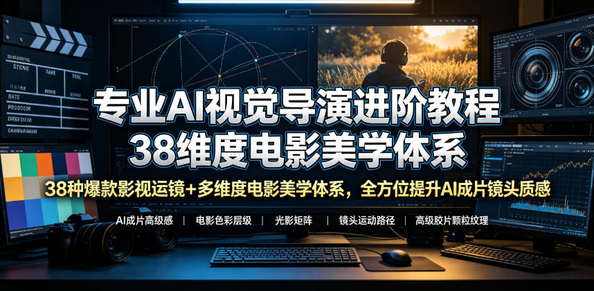 专业AI视觉导演进阶教程，38种爆款影视运镜+多维度电影美学体系，全方位提升AI成片高级感与镜头质感-新时光资源网