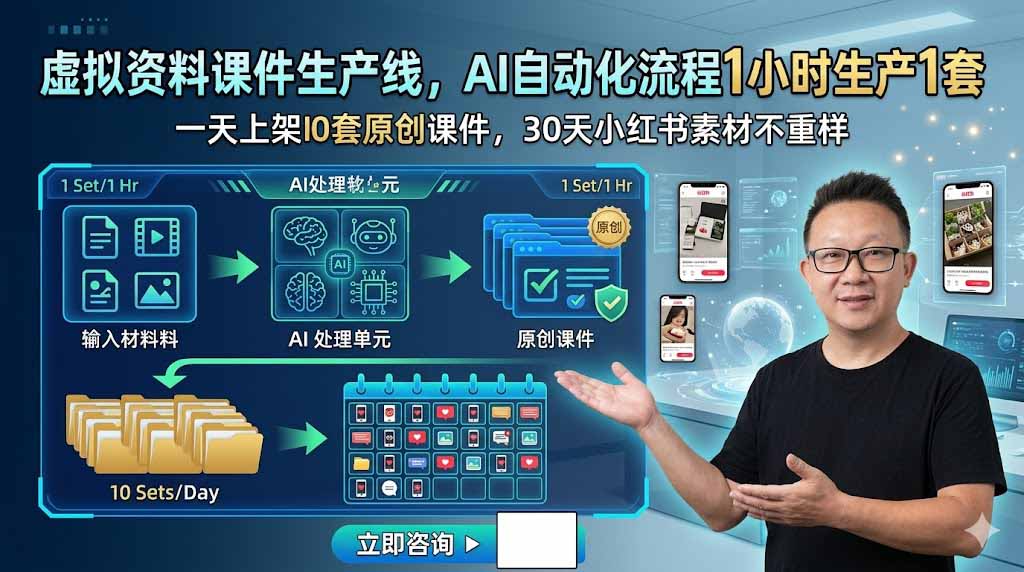 虚拟资料课件生产线，AI自动化流程1小时生产1套，一天上架10套原创课件，30天小红书素材不重样-旺仔资源库