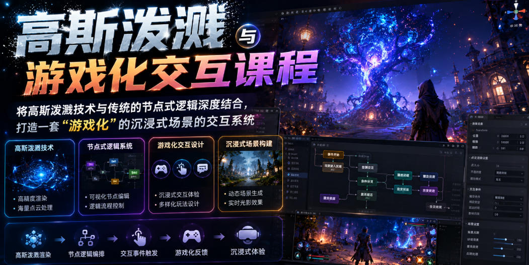 高斯泼溅与游戏化交互课程，将高斯泼溅技术与传统的节点式逻辑深度结合，打造一套“游戏化”的沉浸式场景的交互系统-吾爱自习网