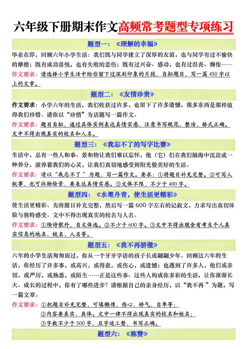 26新六年级下册语文期末作文高频常考题型专项练习-吾爱自习网