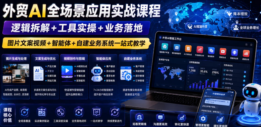 外贸AI全场景应用实战课程｜逻辑拆解+工具实操+业务落地，图片文案视频+智能体+自建业务系统一站式教学-吾爱自习网