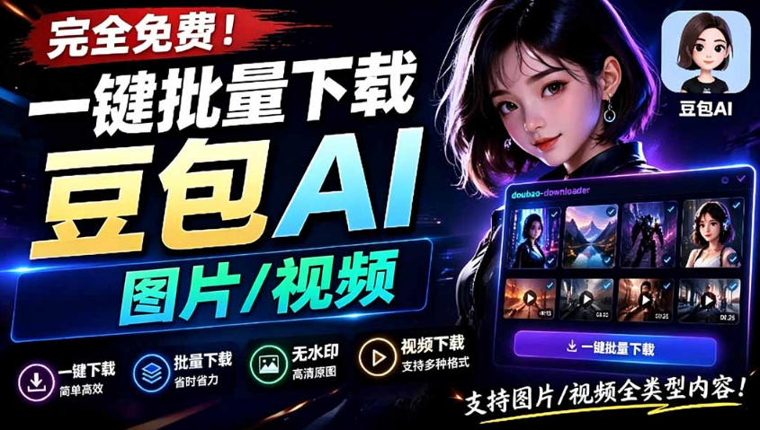 Github最新发布！一键批量下载豆包AI无水印图片/视频，简单易用，自动解析提示词-旺仔资源库