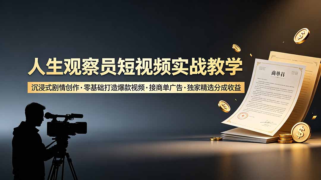 人生观察员短视频实战教学，沉浸式剧情创作，零基础打造爆款视频，接商单广告，独家精选分成收益-吾爱自习网