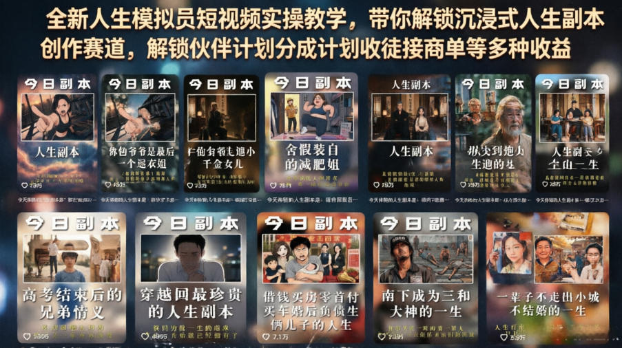 全新人生模拟员短视频实操教学，带你解锁沉浸式人生副本创作赛道，解锁伙伴计划分成计划收徒接商单等多种收益-旺仔资源库