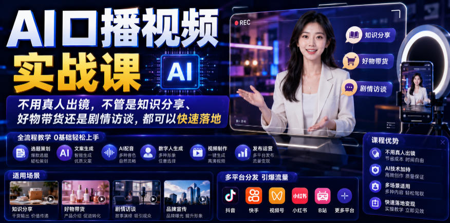 AI口播视频实战课，不用真人出镜，不管是知识分享、好物带货还是剧情访谈，都可以快速落地-我爱发帖