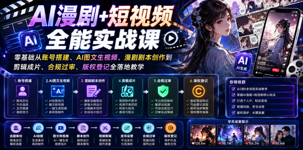 AI漫剧+短视频全能实战课｜零基础从账号搭建、AI图文生视频、漫剧剧本创作到剪辑成片、合规过审、版权登记全落地教学-新时光资源网