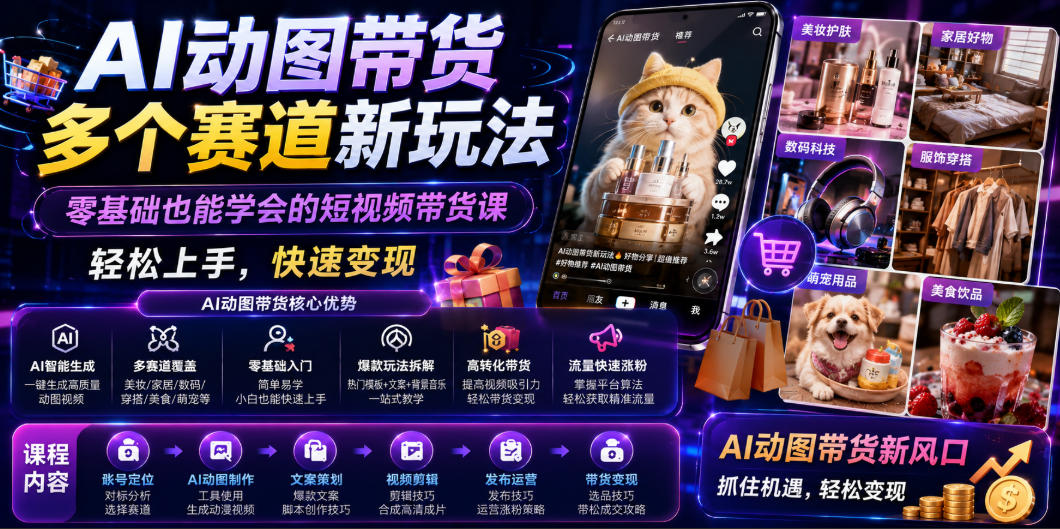 AI动图带货多个赛道新玩法，零基础也能学会的短视频带货课，轻松上手，快速变现-新时光资源网