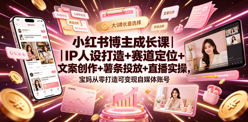 小红书博主成长课｜IP人设打造+赛道定位+文案创作+薯条投放+直播实操，宝妈从零打造可变现自媒体账号-吾爱自习网