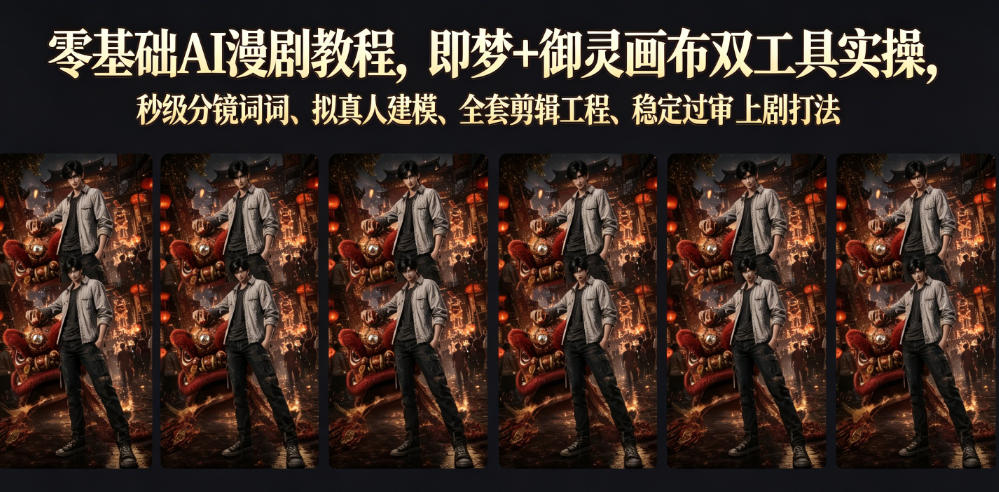 零基础AI漫剧教程，即梦+御灵画布双工具实操，秒级分镜提示词、拟真人建模、全套剪辑工程、稳定过审上剧打法-吾爱自习网