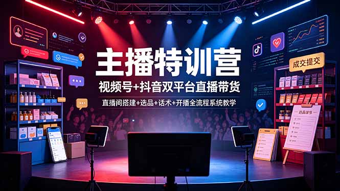 主播特训营：视频号+抖音双平台直播带货，直播间搭建+选品+话术+开播全流程系统教学-吾爱自习网