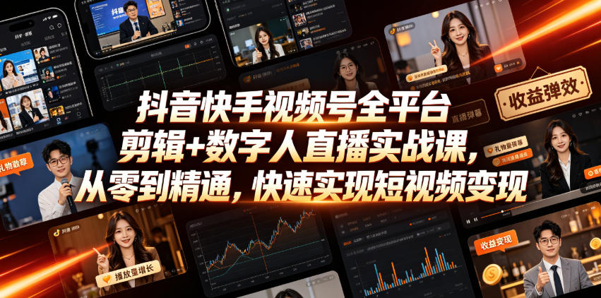 抖音快手视频号全平台剪辑+数字人直播实战课,从零到精通,快速实现短视频变现(更新2026年6月)-新时光资源网