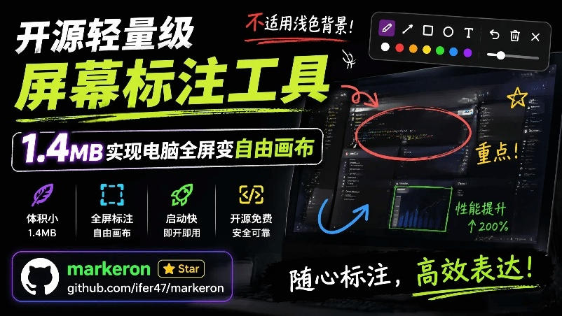 开源轻量级屏幕标注工具,1.4MB实现电脑全屏变自由画布!支持8种标注工具和全键盘操控MarkerOn-新时光资源网