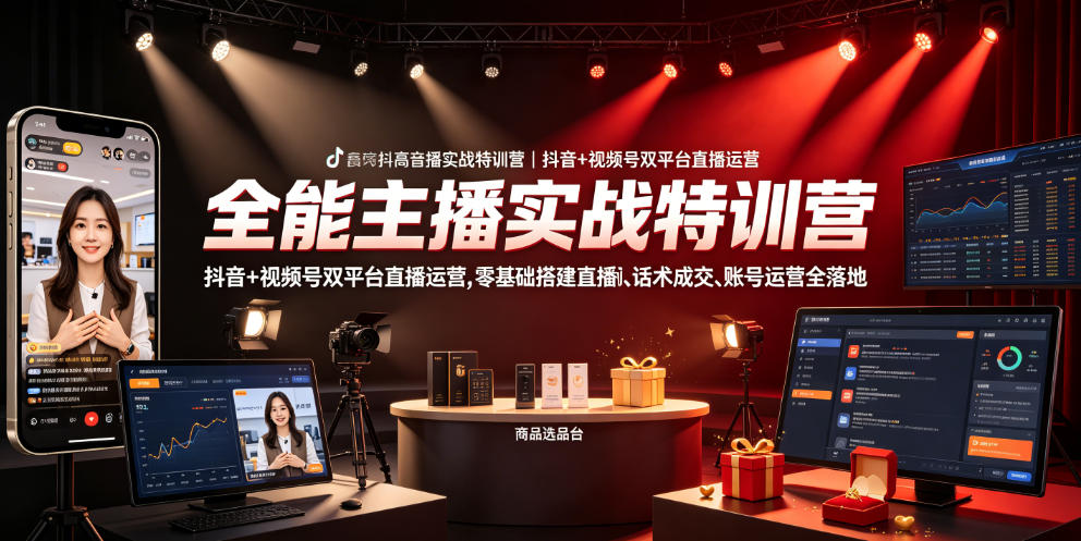 全能主播实战特训营|抖音+视频号双平台直播运营,零基础搭建直播间、精准选品、话术成交、账号运营全落地-新时光资源网