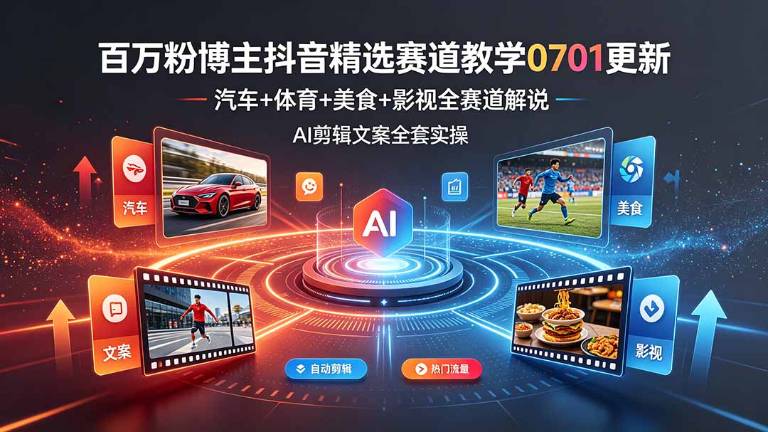 百万粉博主抖音精选赛道教学-0701更新，汽车+体育+美食+影视全赛道解说，AI剪辑文案全套实操-新时光资源网