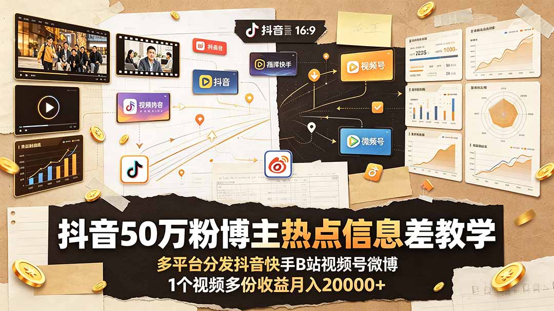 抖音50万粉博主热点信息差教学：多平台分发抖音快手B站视频号微博，1个视频多份收益月入20000+-我爱发帖