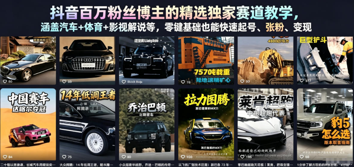 抖音百万粉丝博主的精选独家赛道教学,涵盖汽车+体育+影视解说等,零基础也能快速起号、涨粉、变现(更新0701)-吾爱自习网