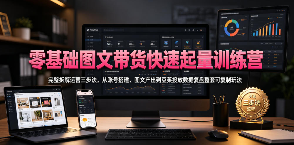 零基础图文带货快速起量训练营，完整拆解运营三步法，从账号搭建、图文产出到豆荚投放数据复盘整套可复制玩法-新时光资源网