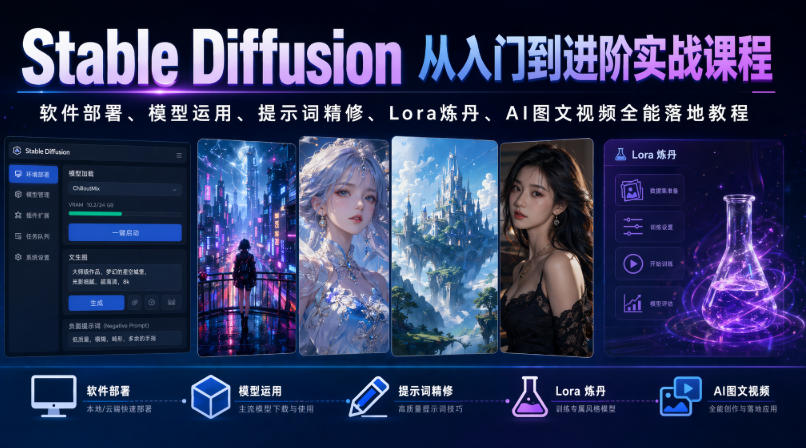 Stable Diffusion从入门到进阶实战课程｜软件部署、模型运用、提示词精修、Lora炼丹、AI图文视频全能落地教程-吾爱自习网