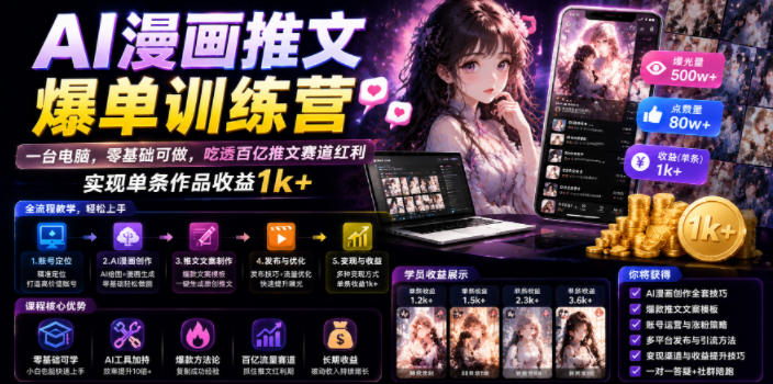AI漫画推文爆单训练营,一台电脑,零基础可做,吃透百亿推文赛道红利,实现单条作品收益1k+-吾爱自习网