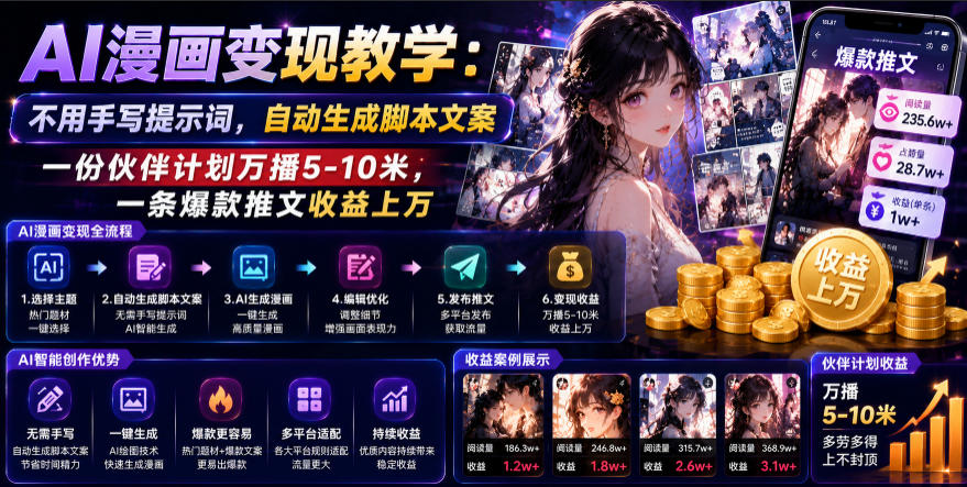 AI漫画变现教学：不用手写提示词，自动生成脚本文案，一份伙伴计划万播5-10米，一条爆款推文收益上W-旺仔资源库
