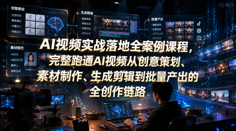 AI视频实战落地全案例课程,完整跑通AI视频从创意策划、素材制作、生成剪辑到批量产出的全创作链路-旺仔资源库