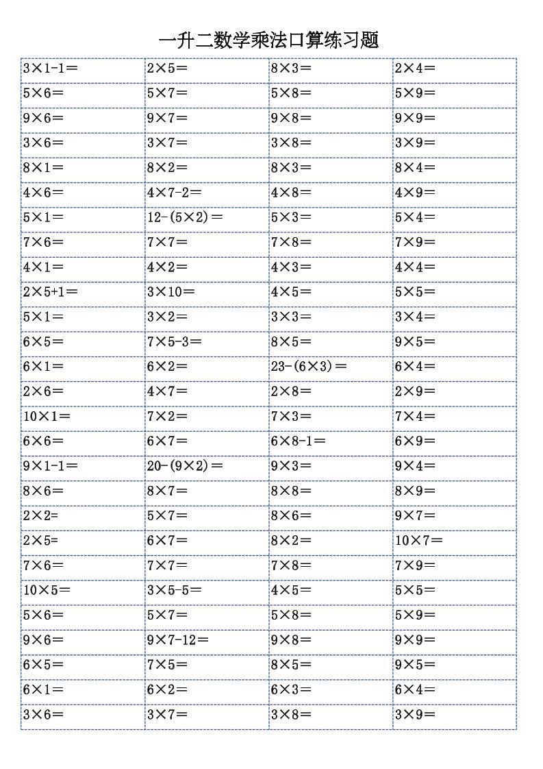 一升二数学乘法口算练习题-二上-新时光资源网