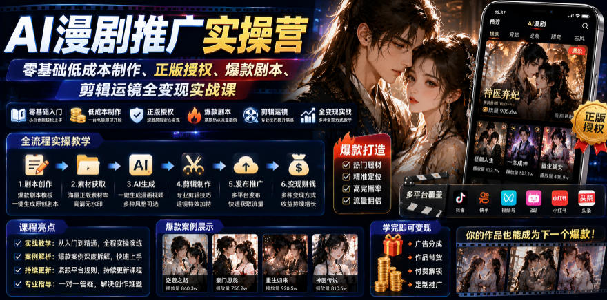AI漫剧推广实操营｜零基础低成本制作、正版授权、爆款剧本、剪辑运镜全变现实战课网络赚钱,项目资源网,副业资源网,兼职项目,网赚课程-副业赚钱-互联网创业-独家轻创IP大圣网创