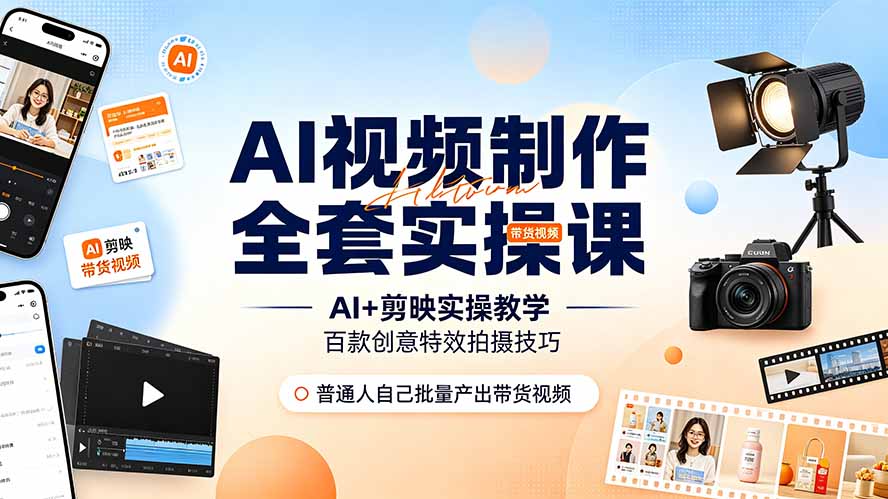 AI视频制作全套实操课，多款AI工具搭配剪映教学，百种特效运镜拍摄实操，抖音账号带货运营全覆盖-91副业网