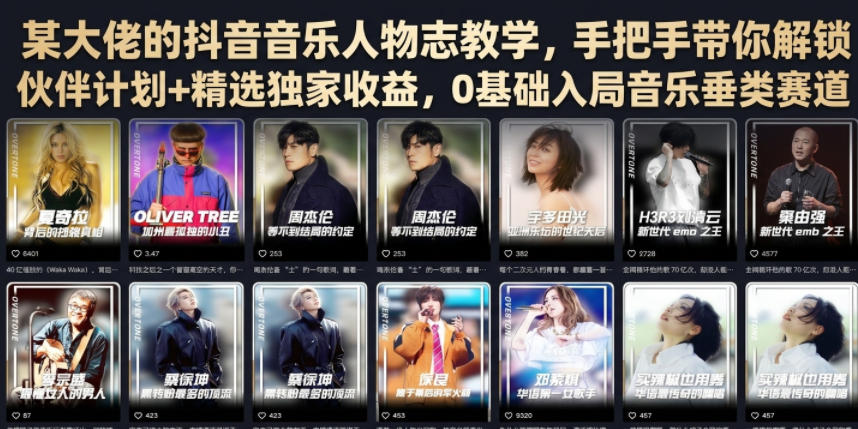 某大佬的抖音音乐人物志教学,手把手带你解锁伙伴计划+精选独家收益,0基础入局音乐垂类赛道-吾爱自习网