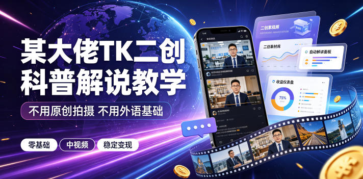 某大佬TK二创科普解说教学,不用原创拍摄不用外语基础,零基础做TikTok中视频稳定变现-我爱发帖