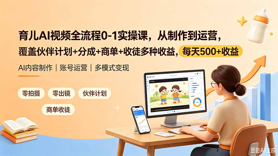 育儿AI视频全流程0-1实操课,从制作到运营,覆盖伙伴计划+分成+商单+收徒多种收益,每天500+收益-吾爱自习网